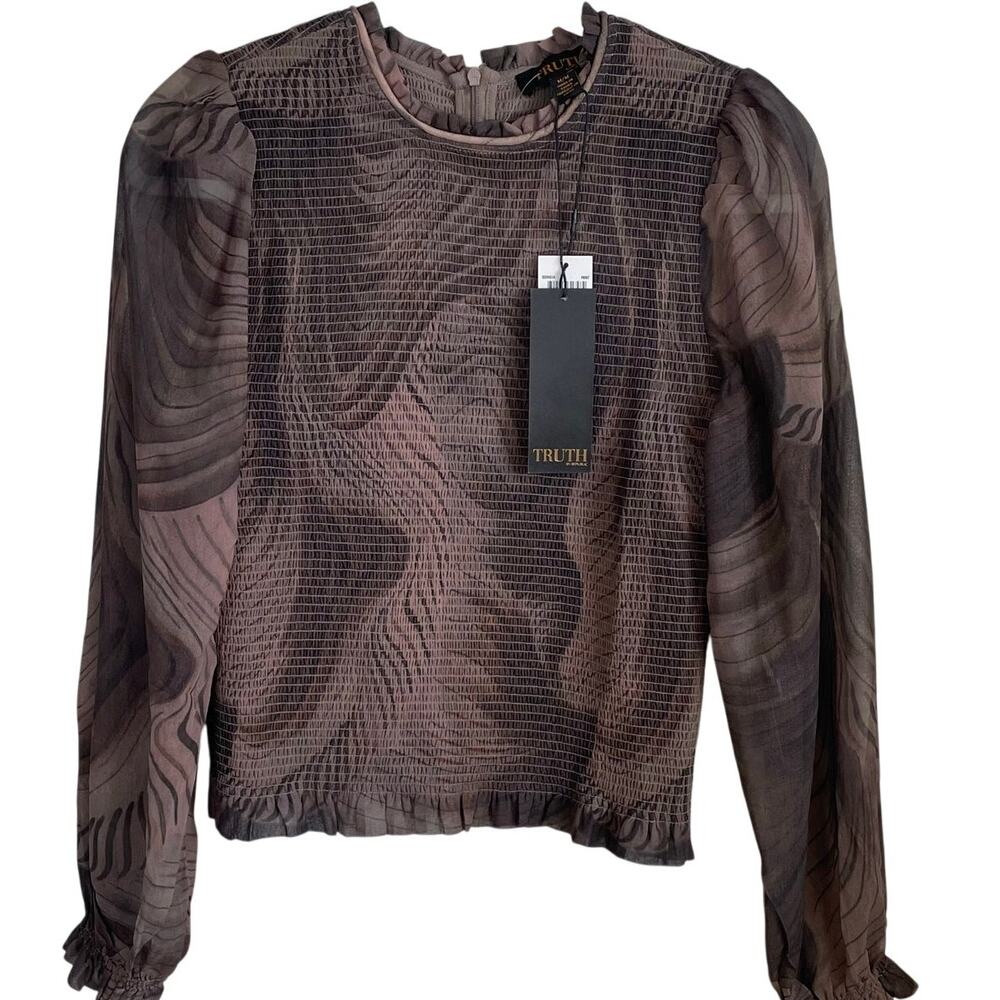 Truth By Republic NWT *FLAW* Smocked Blouse Top Sz M Sheer Long Sleeves Brown